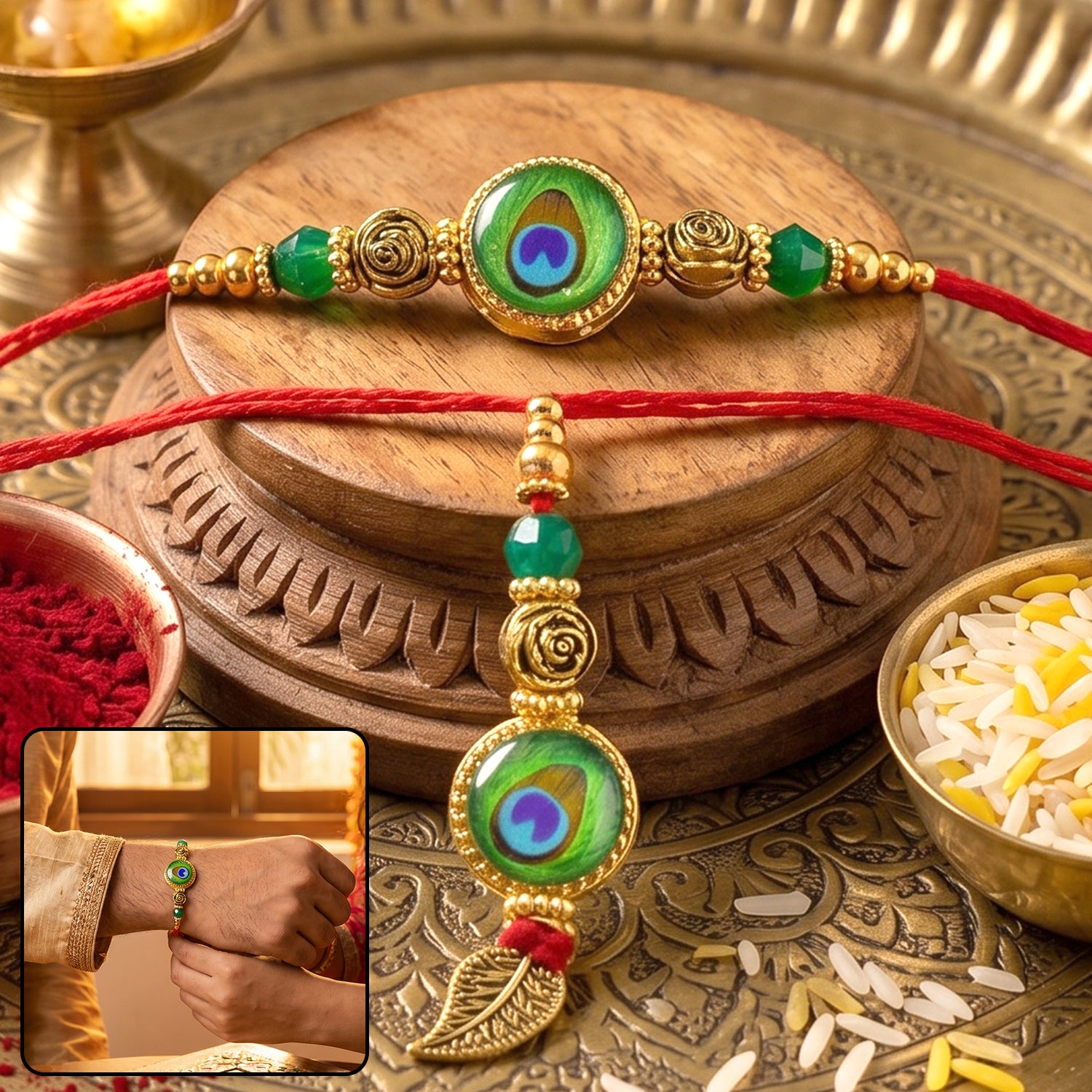 Morpich Bhaiya Bhabhi Lumba Rakhi with Green Beads and Gold Hanging Charm