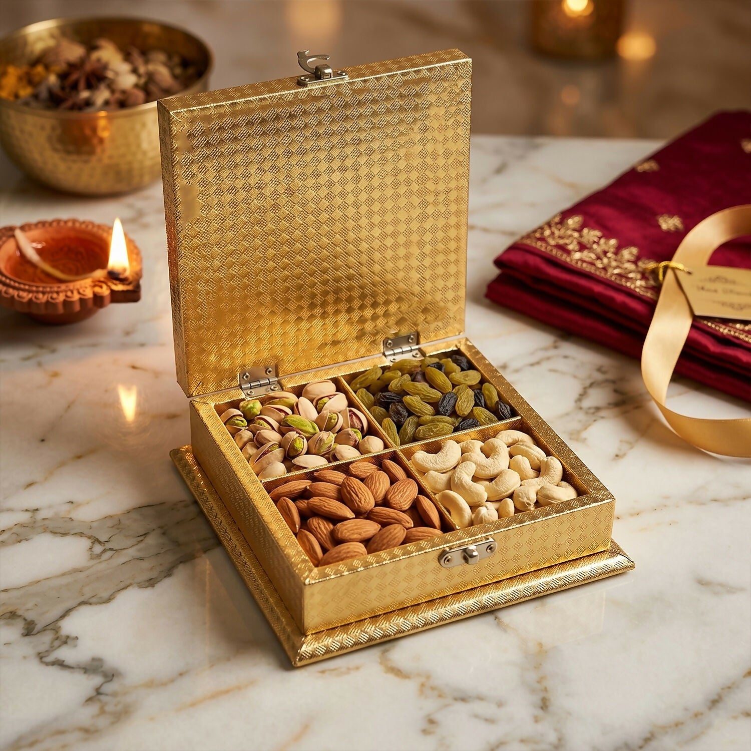 Top view of golden embossed peacock decorative jewelry box
