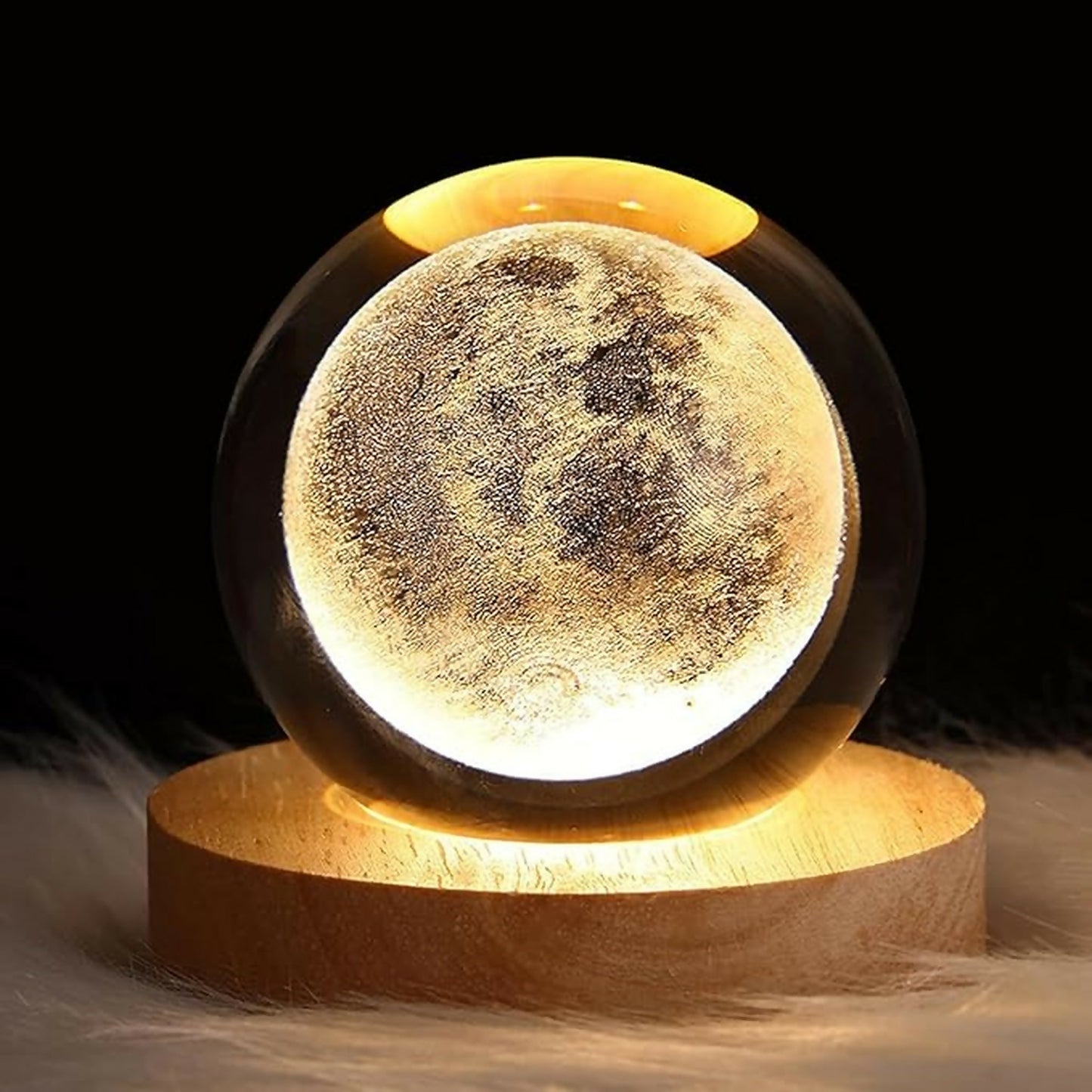 3D Crystal Moon Night Lamp with Wooden Base, USB Powered Decorative Light