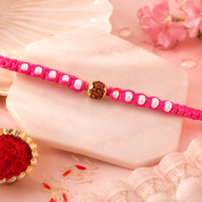 Pink-White Braided Rakhi with Natural Rudraksha Bead Pendant