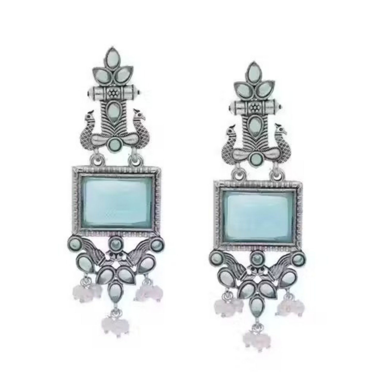 Traditional Oxidized Silver Blue Stone Pearl Drop Earrings