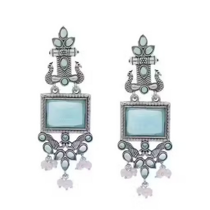 Traditional Oxidized Silver Blue Stone Pearl Drop Earrings