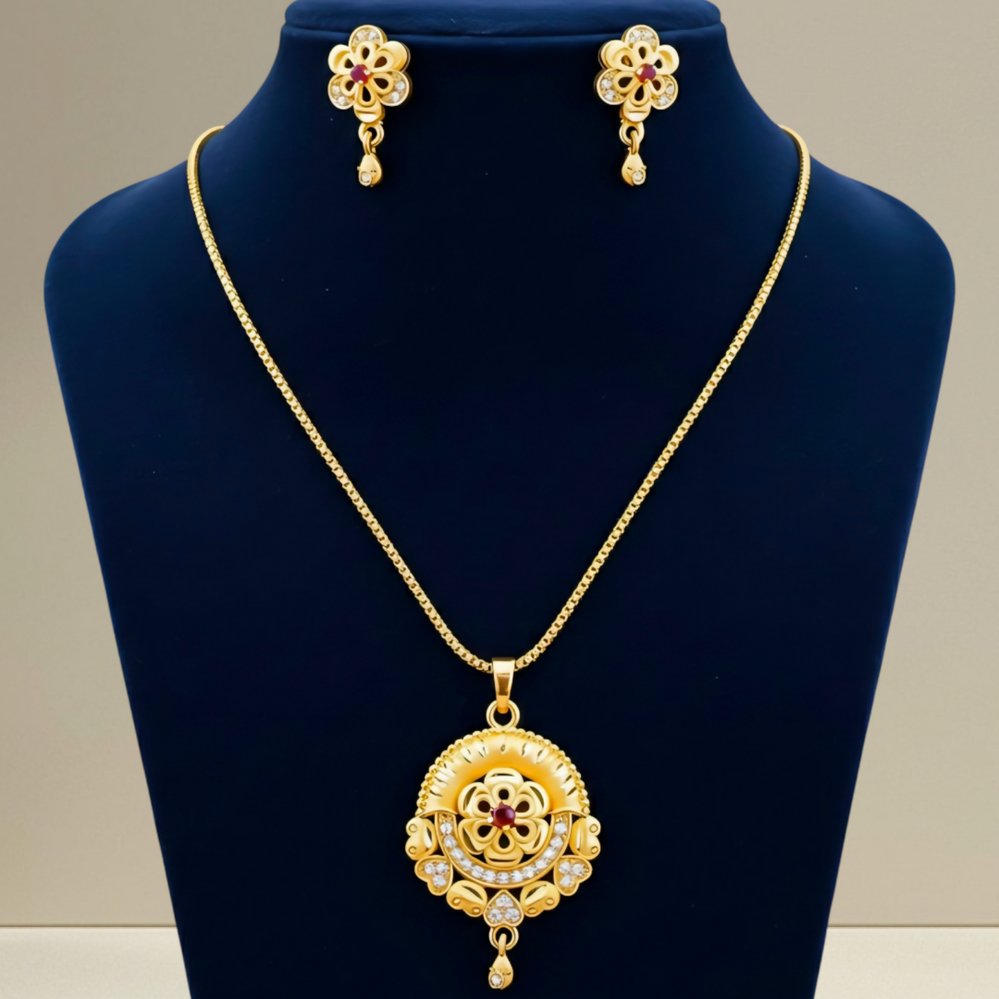 Royal Bloom Jewelry Set: Gold-Tone Floral Filigree Pendant & Matching Drop Earrings