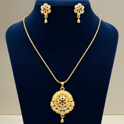Royal Bloom Jewelry Set: Gold-Tone Floral Filigree Pendant & Matching Drop Earrings