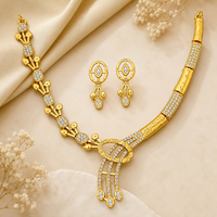 Elegant Gold-Plated CZ Necklace & Earrings Set | Modern Asymmetric Floral Imitation Jewelry Set for Women