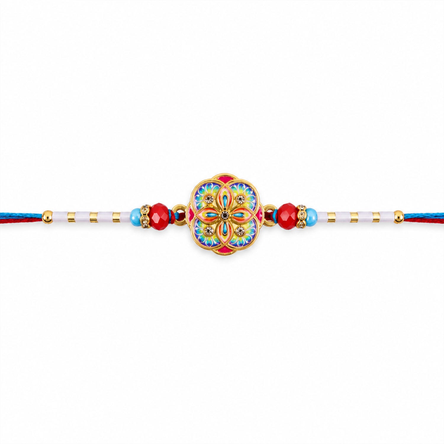 Colorful Kundan Round Rakhi with Red Beads and Blue Thread Edges