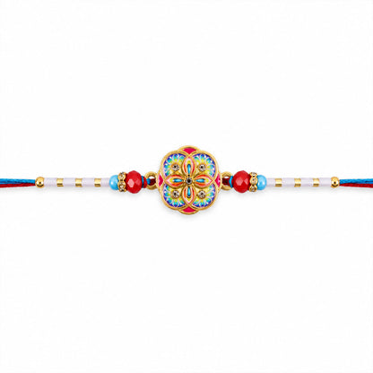 Colorful Kundan Round Rakhi with Red Beads and Blue Thread Edges