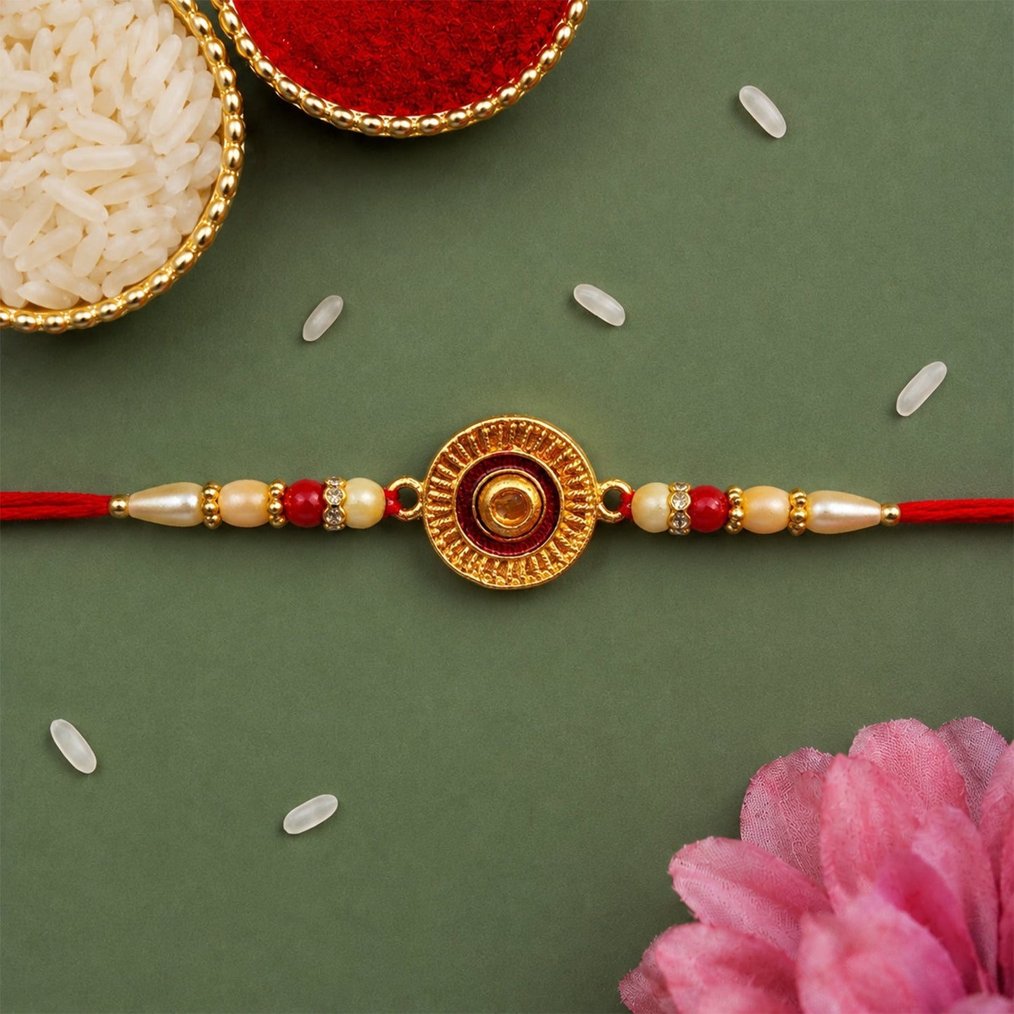 Traditional Round Rakhi with Pearl Beads for Rakshabandhan - Elegant and Festive (5pcs)