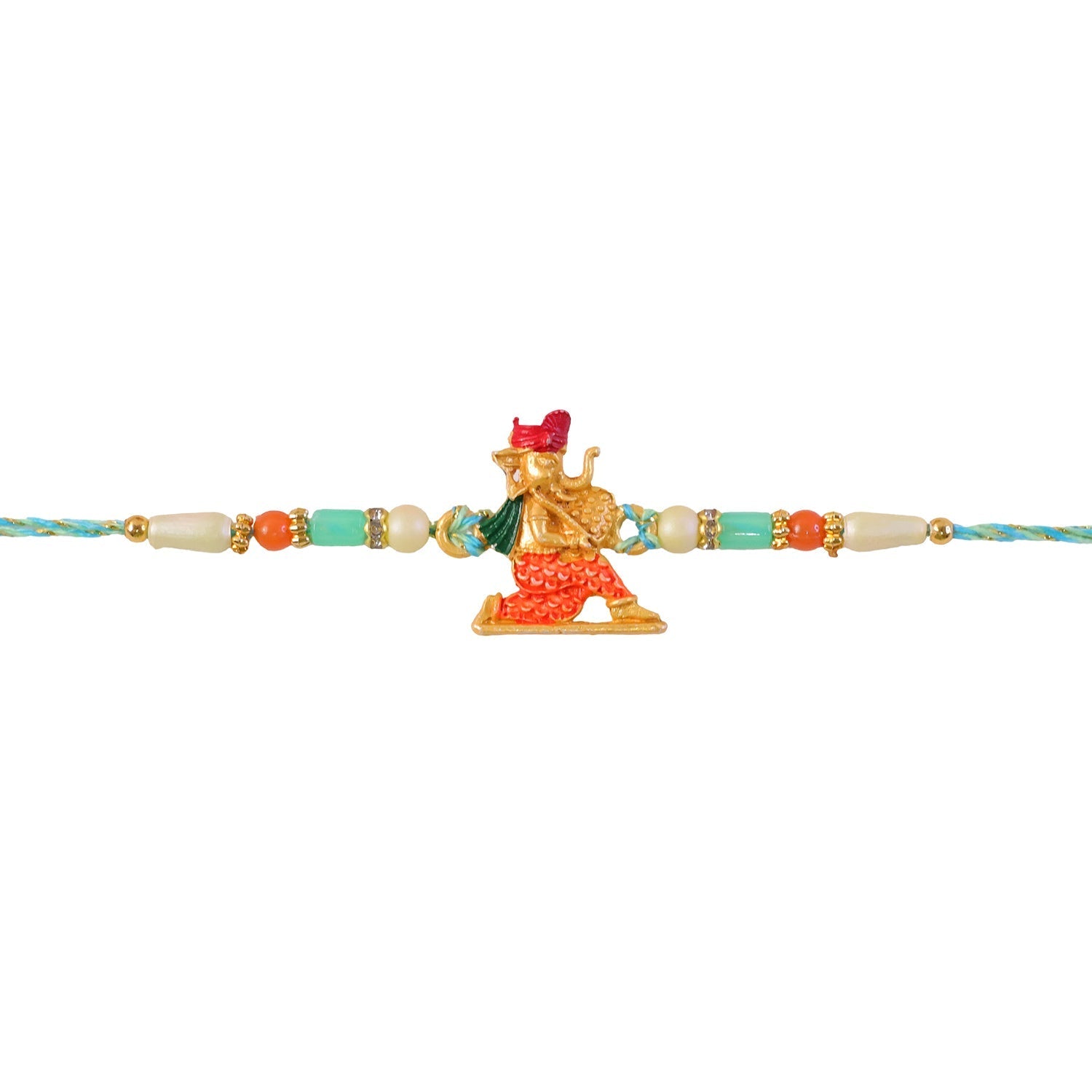 Ganesh Charms Rakhi with Turquoise and Pearl Beads Elegant Festival Accessory (5pcs)