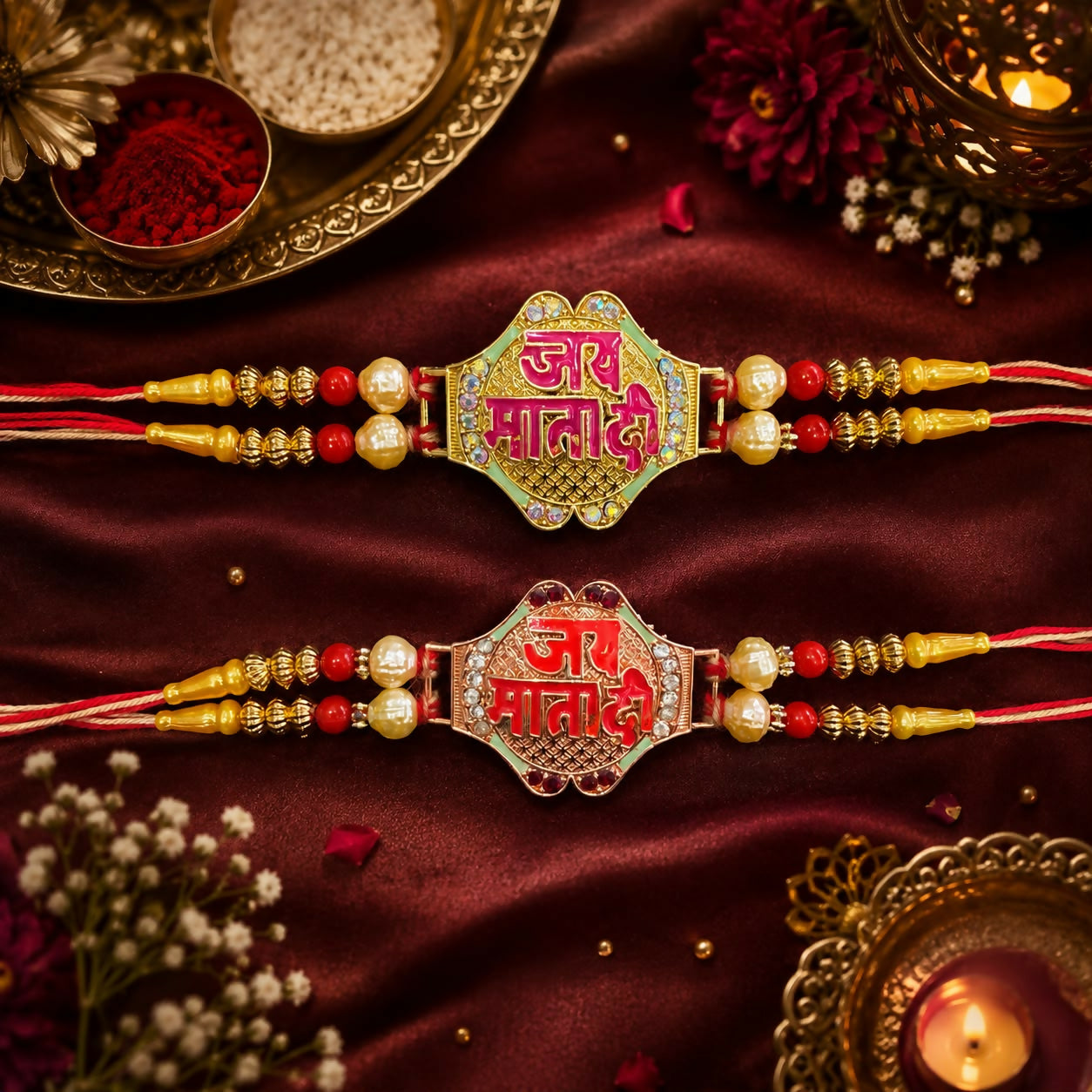 Two intricate bracelets, one green and one red, with "Jai Mata Di" text, pearls, and beads, resting on a rich red fabric.