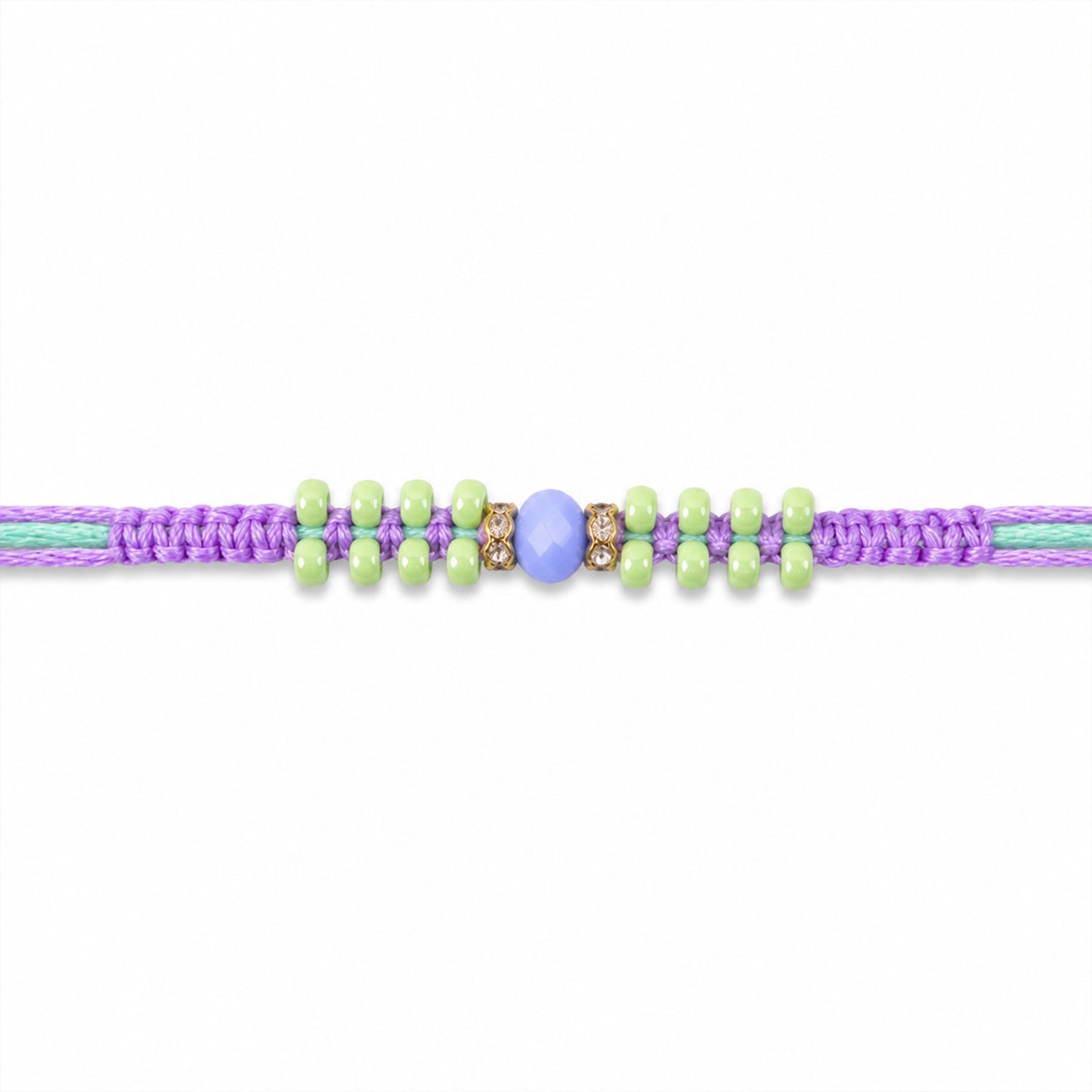 Purple Macrame Bracelet Rakhi with Green Beads, Blue Accent and Playful Thread