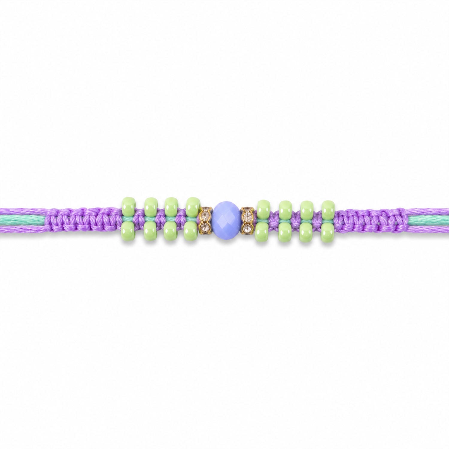 Purple Macrame Bracelet Rakhi with Green Beads, Blue Accent and Playful Thread