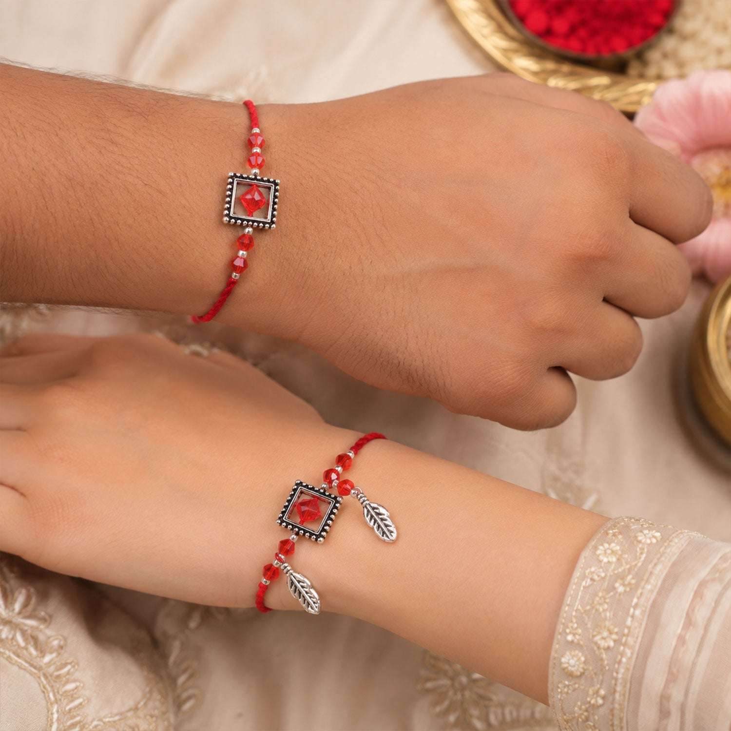 Divine Geometric Square Bhai Bhabhi Rakhi with Gemstone Square and Leaf for Gifting
