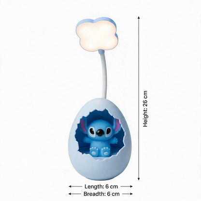 A light blue cracked egg lamp with a Stitch figure inside and a glowing cloud light, with dimensions for height, length, and
