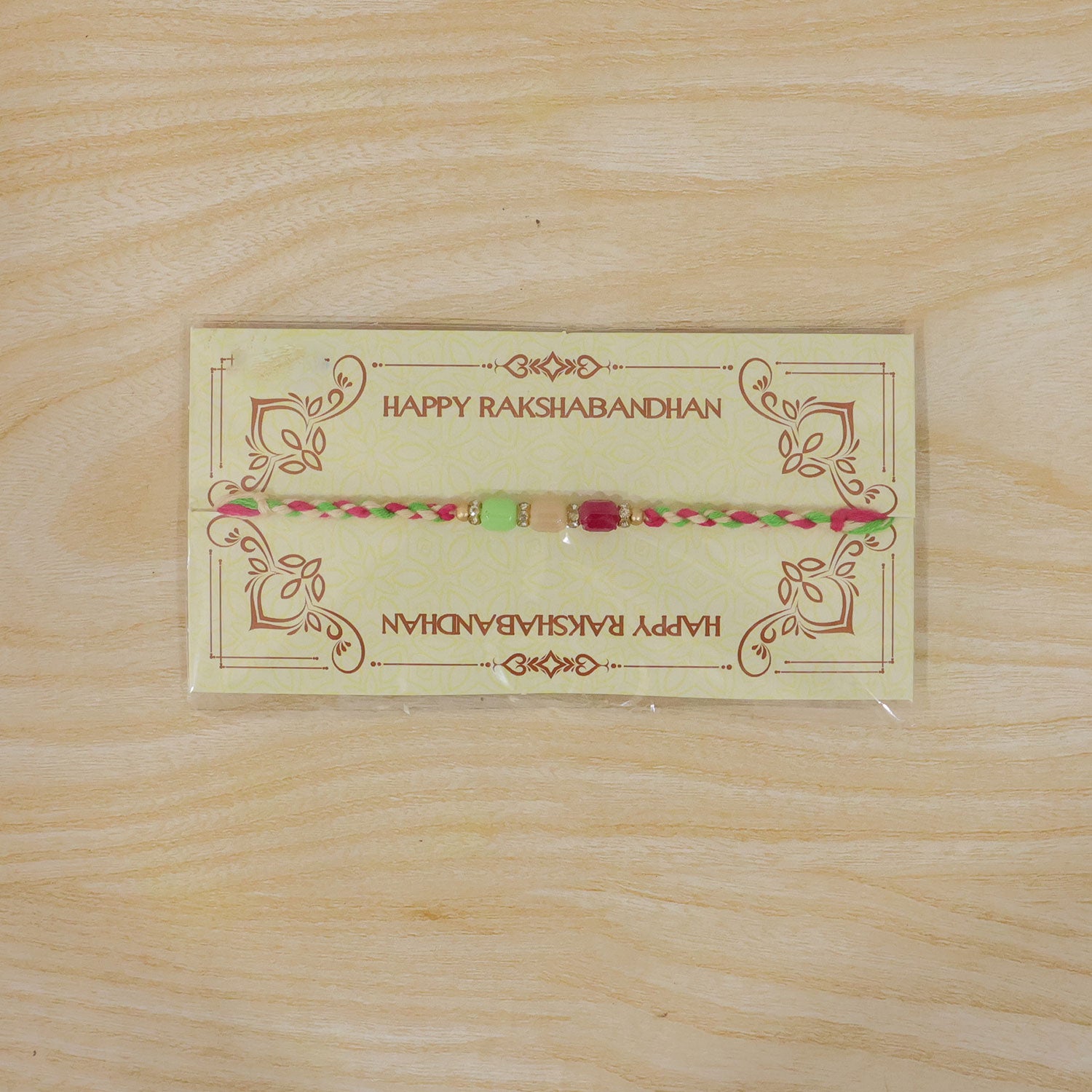 Bright Macrame Bracelet Rakhi with Green Peach Pink Beads and Colorful Thread