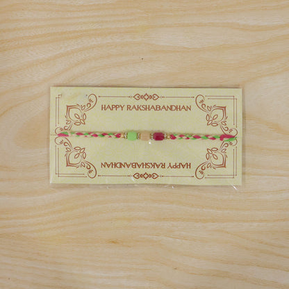 Bright Macrame Bracelet Rakhi with Green Peach Pink Beads and Colorful Thread