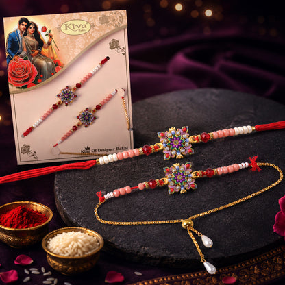 Designer Floral Bhaiya Bhabhi Rakhi Set with Colorful Stones and Lumba Rakhi