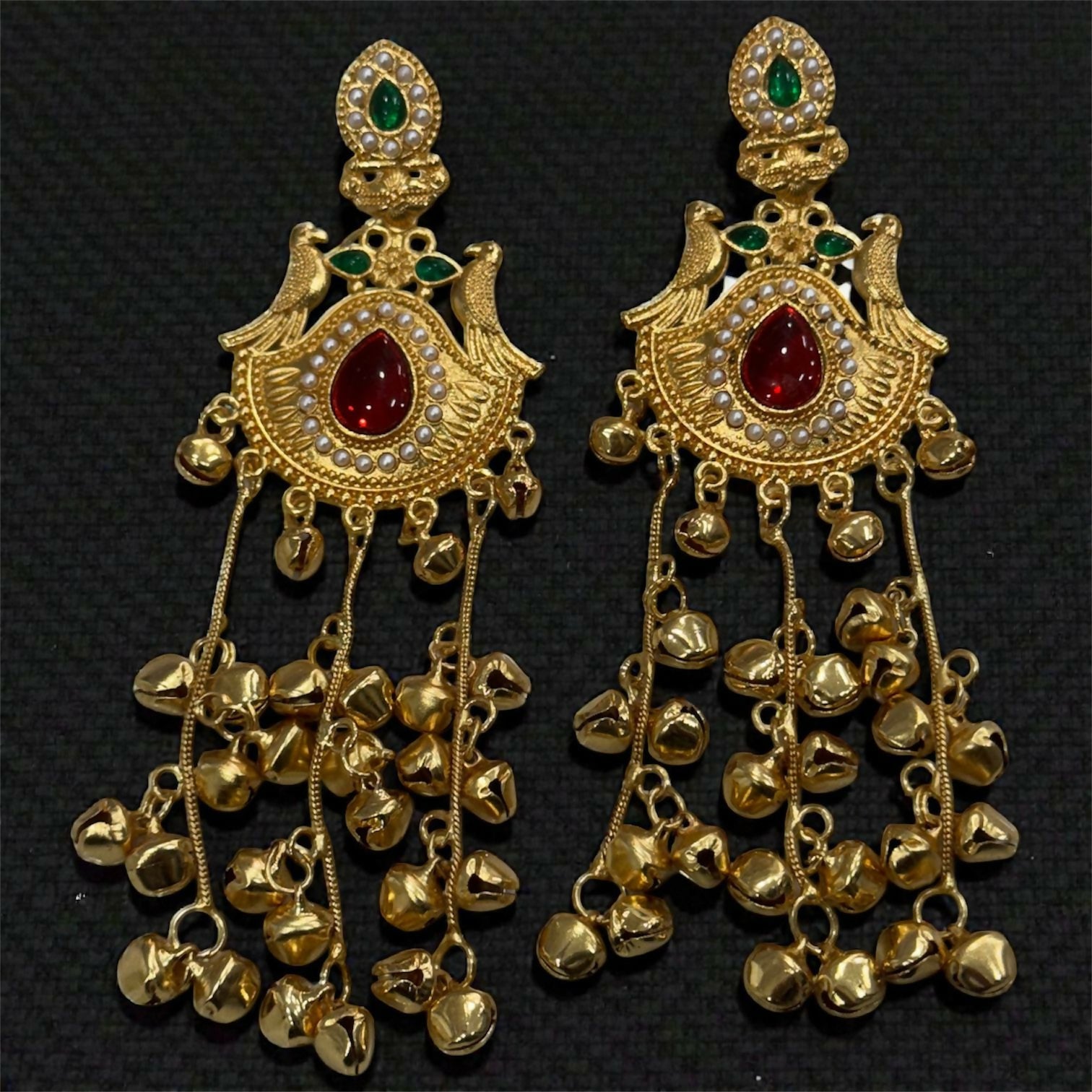 Kashmiri Heritage Gold-Plated Dangler Earring with Red Teardrop Stone, Pearl Detailing & Ghungroo Chains.