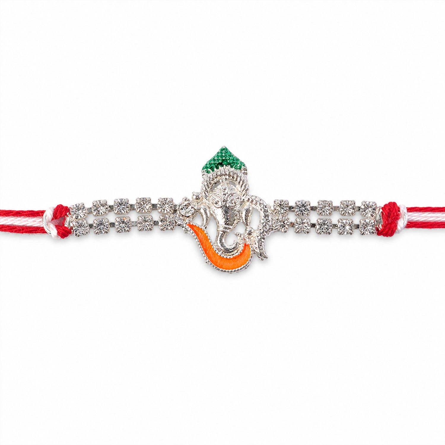 Traditional Rakhi showcasing Ganesha Charm, red stone accents and gift look for Gift
