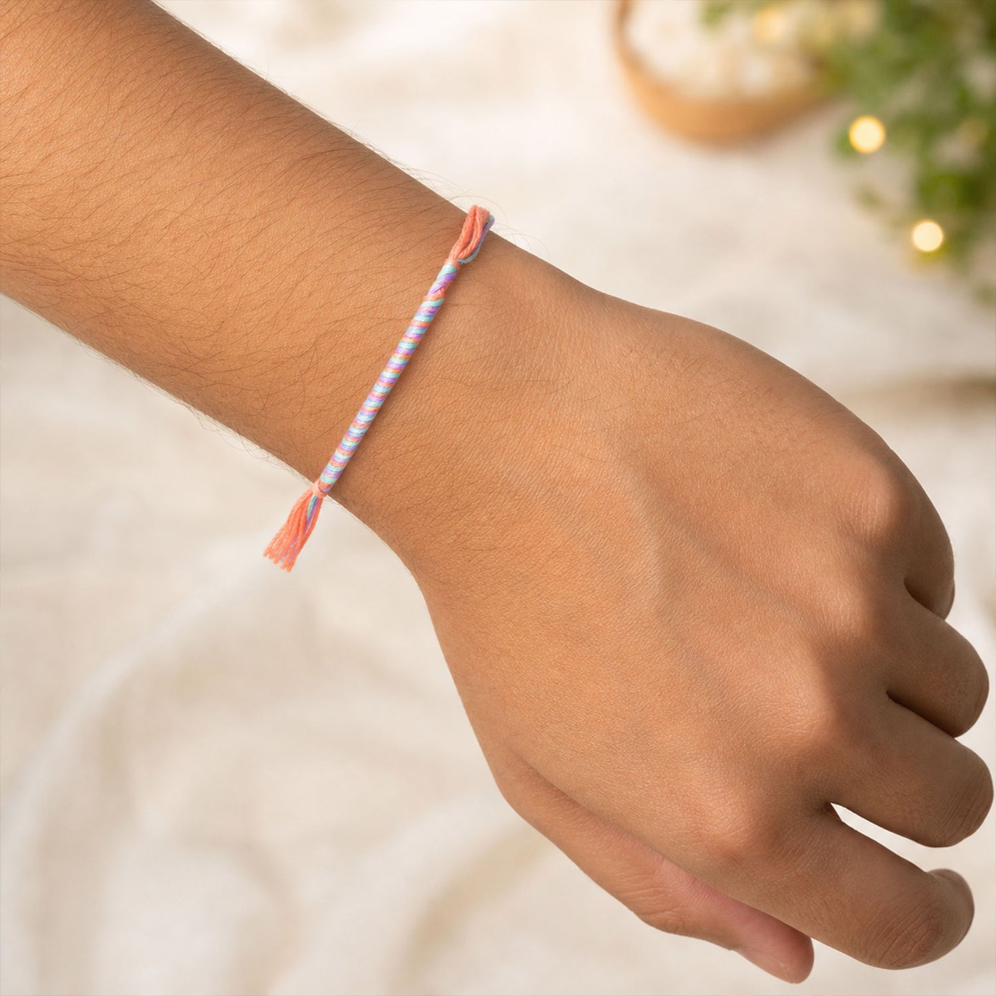 Blue-Pink-Orange Twisted Cord Rakhi with Beadless Minimal Design