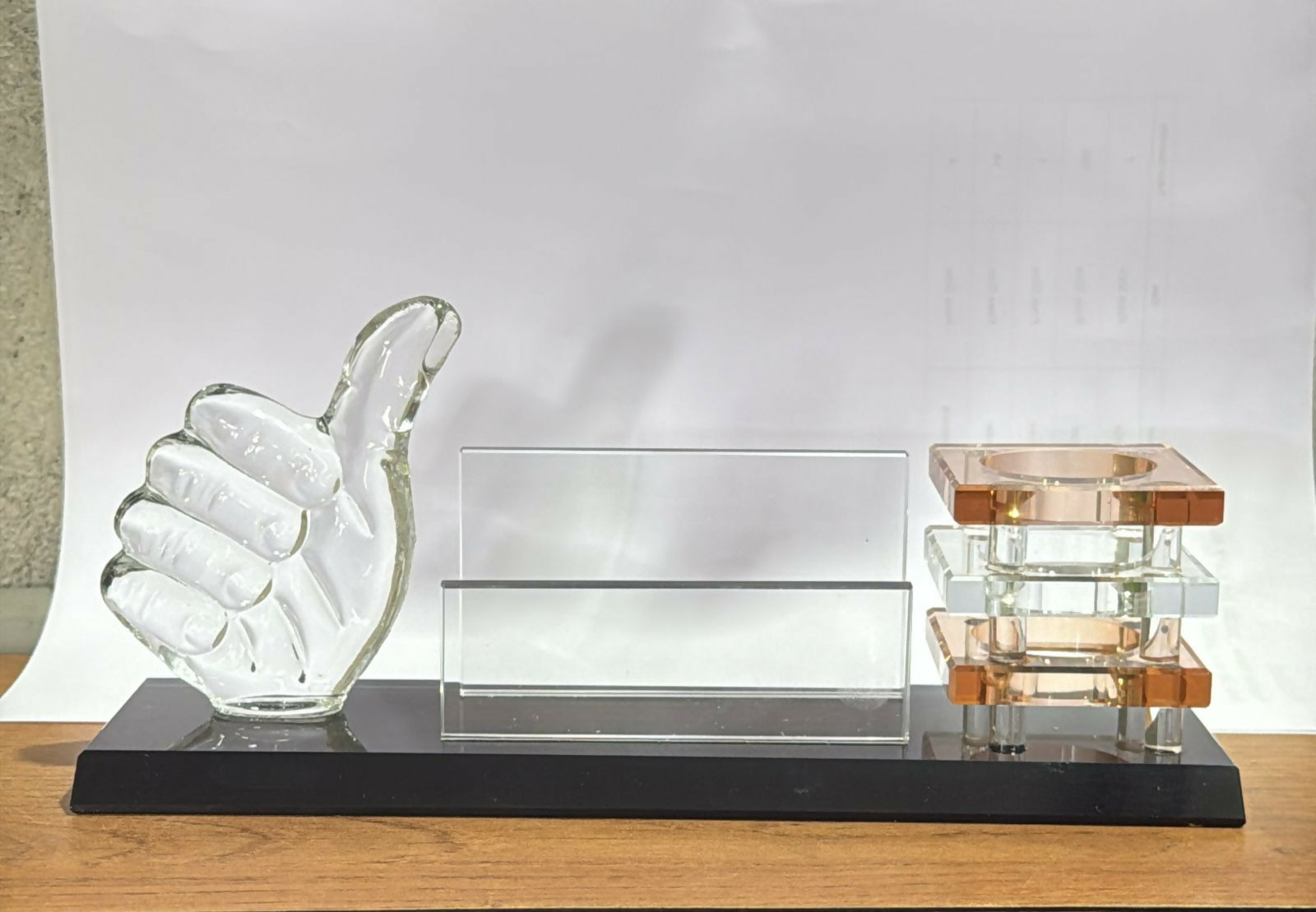 Premium Glass Desk Organizer with Thumbs-Up Sculpture, Transparent Business Card Holder & Stacked Amber Crystal Pen Stand for Office, Study Table & Corporate Gifting