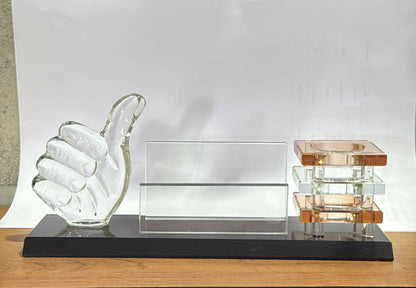 Premium Glass Desk Organizer with Thumbs-Up Sculpture, Transparent Business Card Holder & Stacked Amber Crystal Pen Stand for Office, Study Table & Corporate Gifting