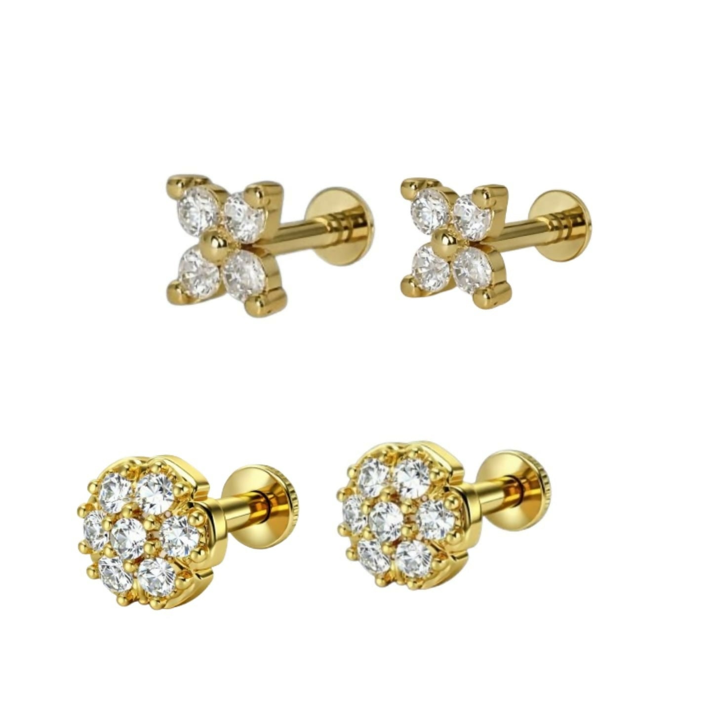 Gold plated delicate flower crystal stud earrings suitable for multiple ear piercings