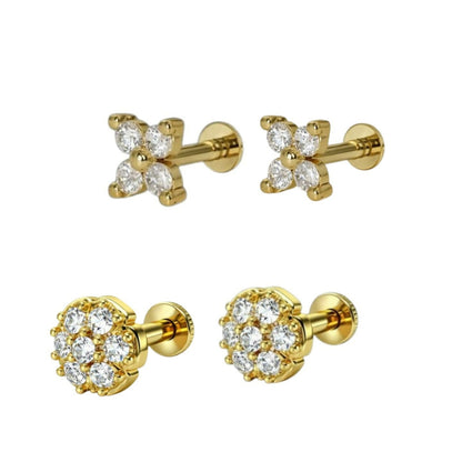 Gold plated delicate flower crystal stud earrings suitable for multiple ear piercings