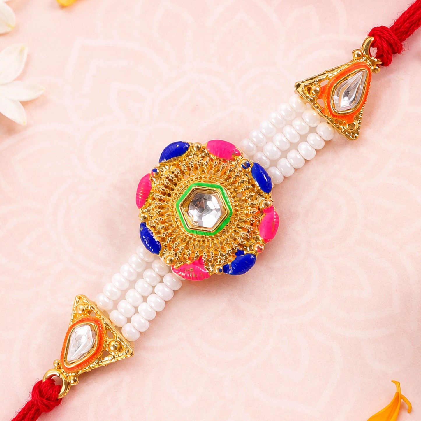 Round Filigree Kundan & Meenakari Centerpiece Rakhi with Triple Strand White Pearls