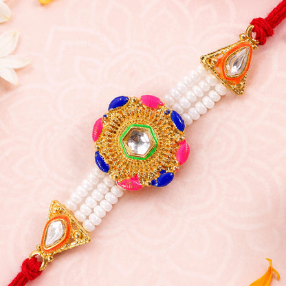 Round Filigree Kundan & Meenakari Centerpiece Rakhi with Triple Strand White Pearls