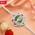 Ganesh Motif Rakhi Elegant Silver Chain Green Enamel (10pcs)