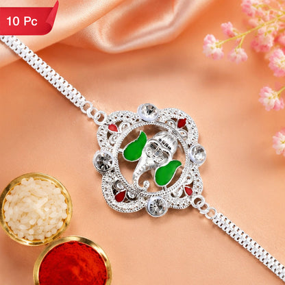 Ganesh Motif Rakhi Elegant Silver Chain Green Enamel (10pcs)