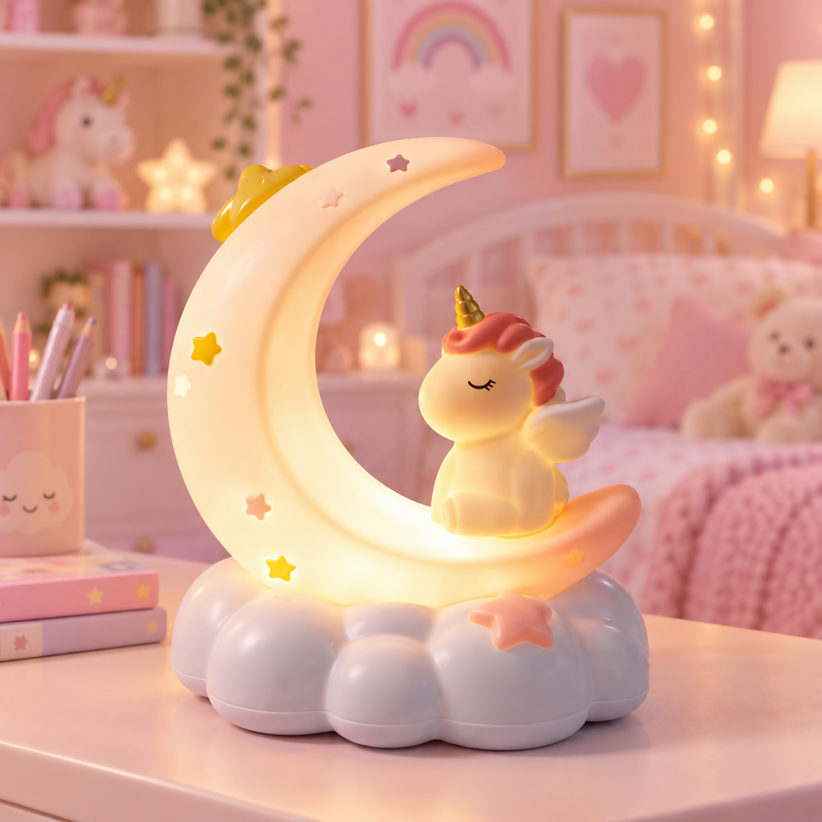 A glowing unicorn crescent moon night light sits on a white desk in a pink-themed bedroom.