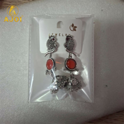 Antique Silver Peacock Jhumka Earrings with Red Stone Centerpiece & Pearl Drops