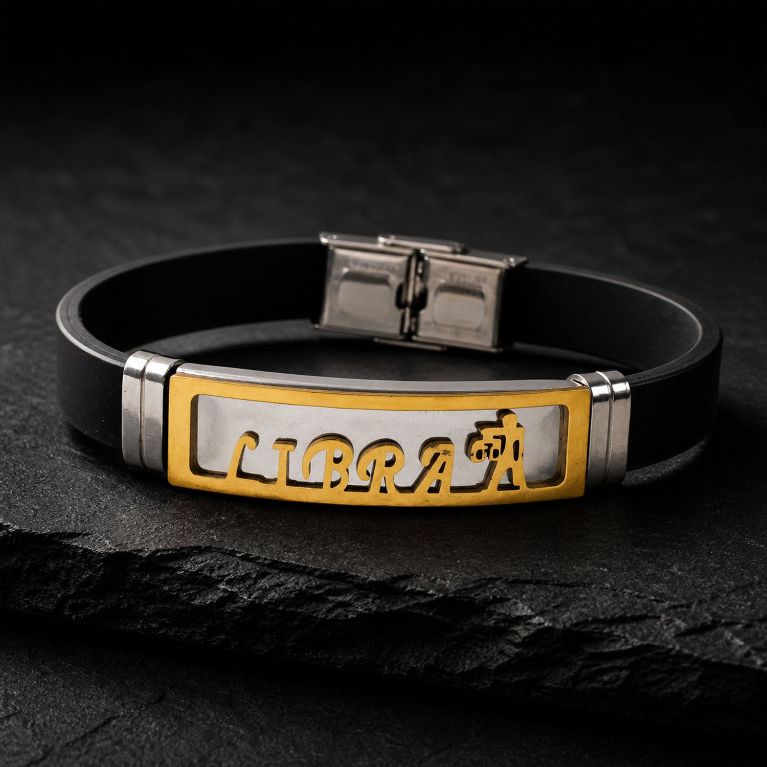 Libra Bracelet Rakhi with Black Band and Gold Zodiac Plate for Raksha Bandhan Gift