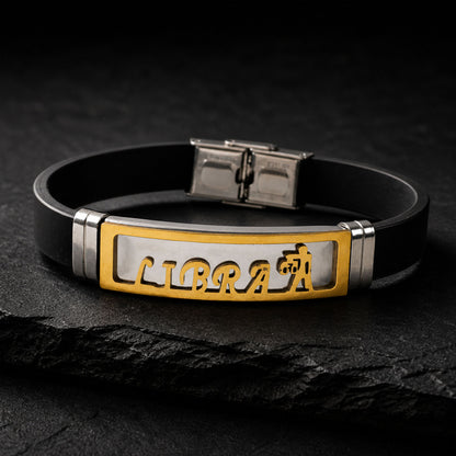 Libra Bracelet Rakhi with Black Band and Gold Zodiac Plate for Raksha Bandhan Gift