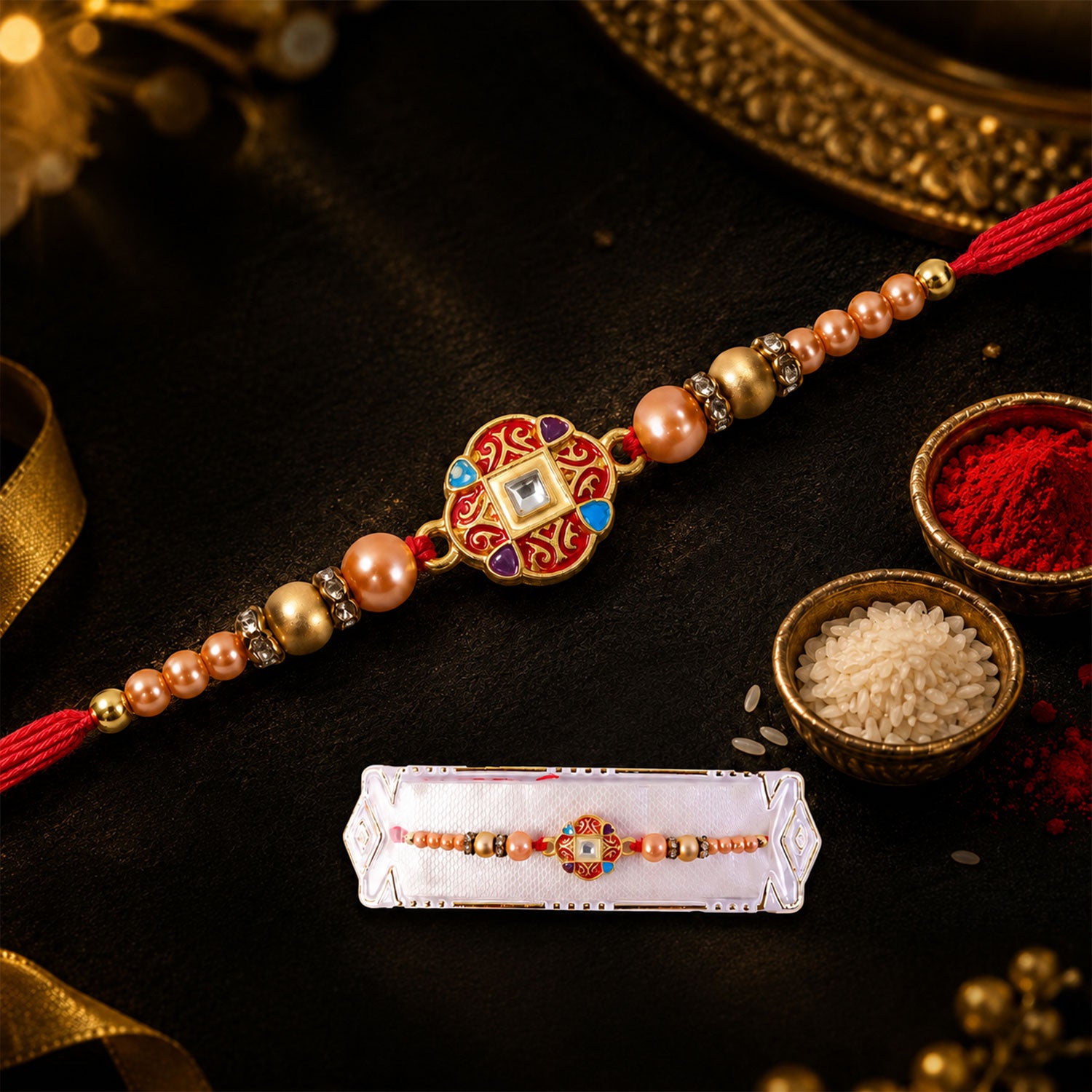 Round Red Meenakari AD Stone Designer Rakhi for Brother with Pearls