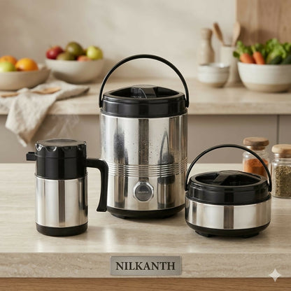 Nilkanth 3-Piece Stainless Steel Combo Set | Insulated Water Jug, Hot-Pot & Flask Set
