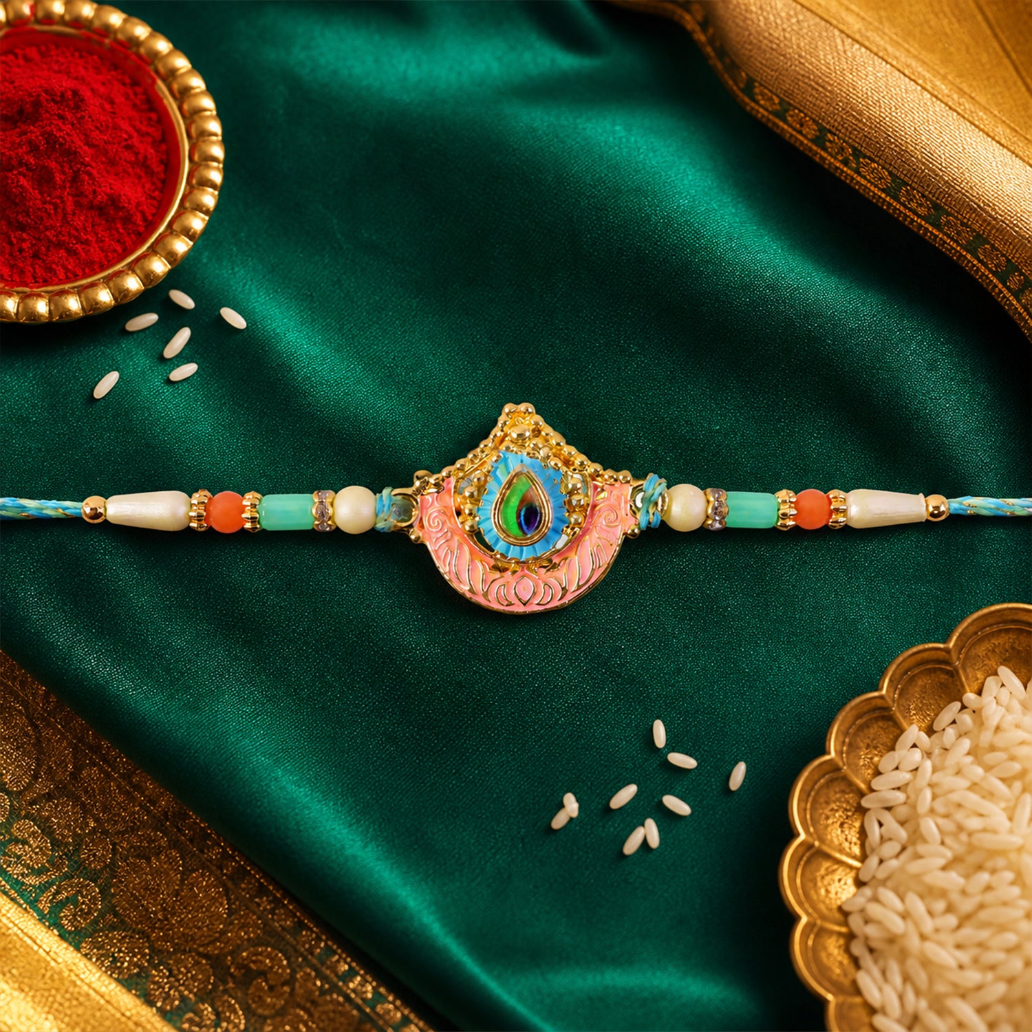 Peacock Feather Crown Pendant Rakhi with Pink Enamel