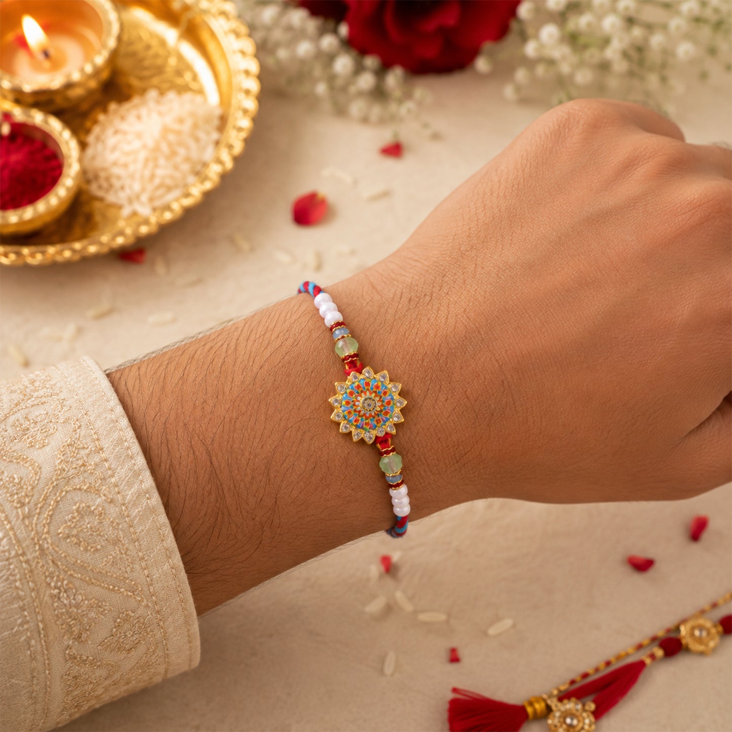 Round Floral Kundan Bhai Bhabhi Lumba Rakhi with Pearl Drop Charm