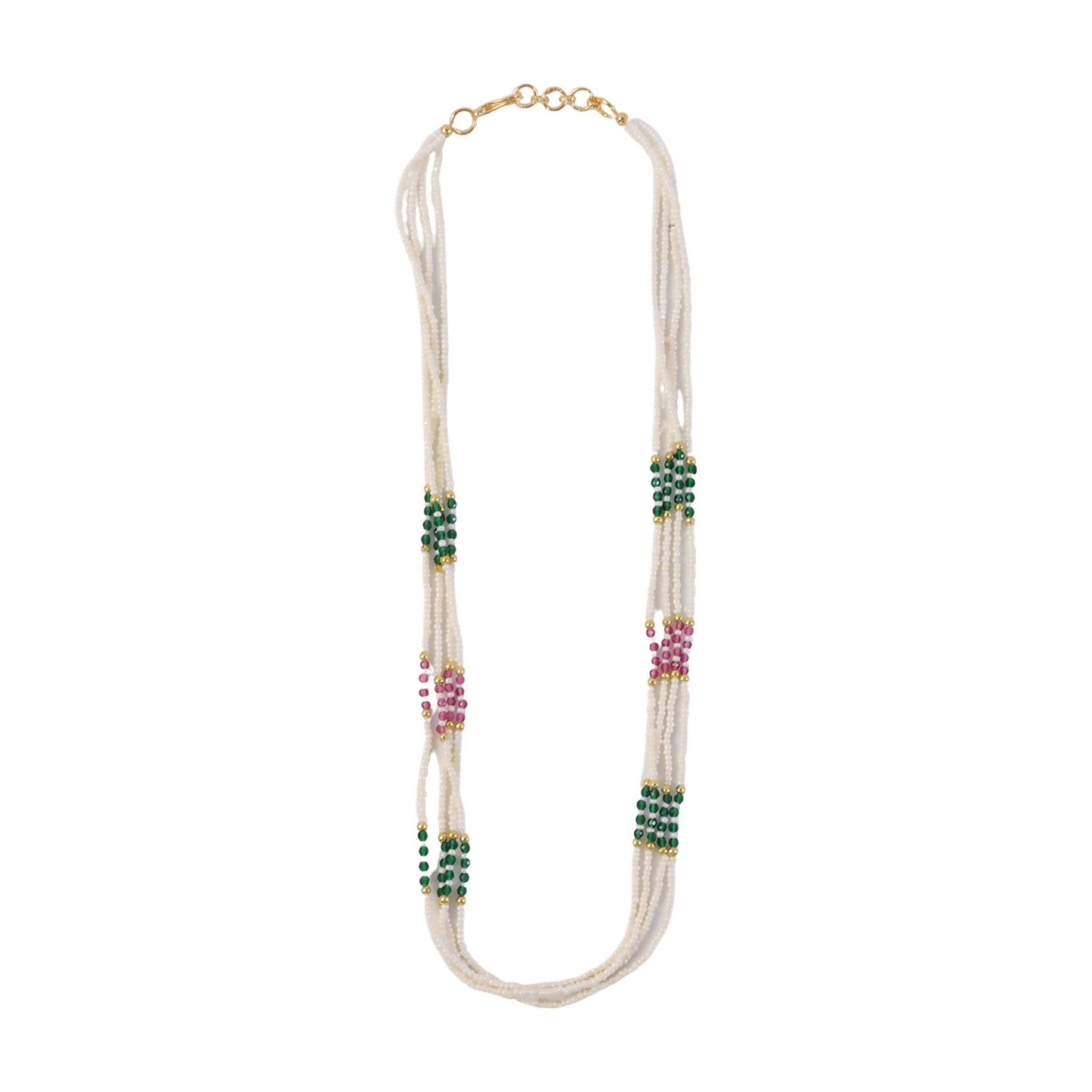 Layered pearl beads with green and pink accents for ethnic look