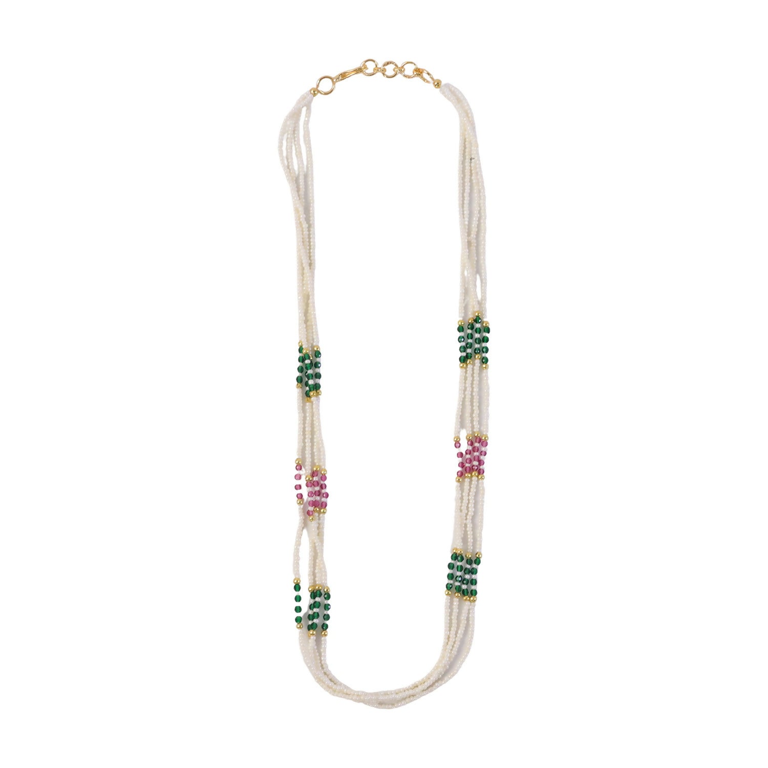 Layered pearl beads with green and pink accents for ethnic look