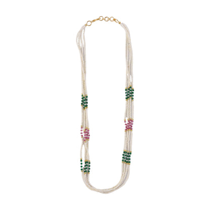Layered pearl beads with green and pink accents for ethnic look
