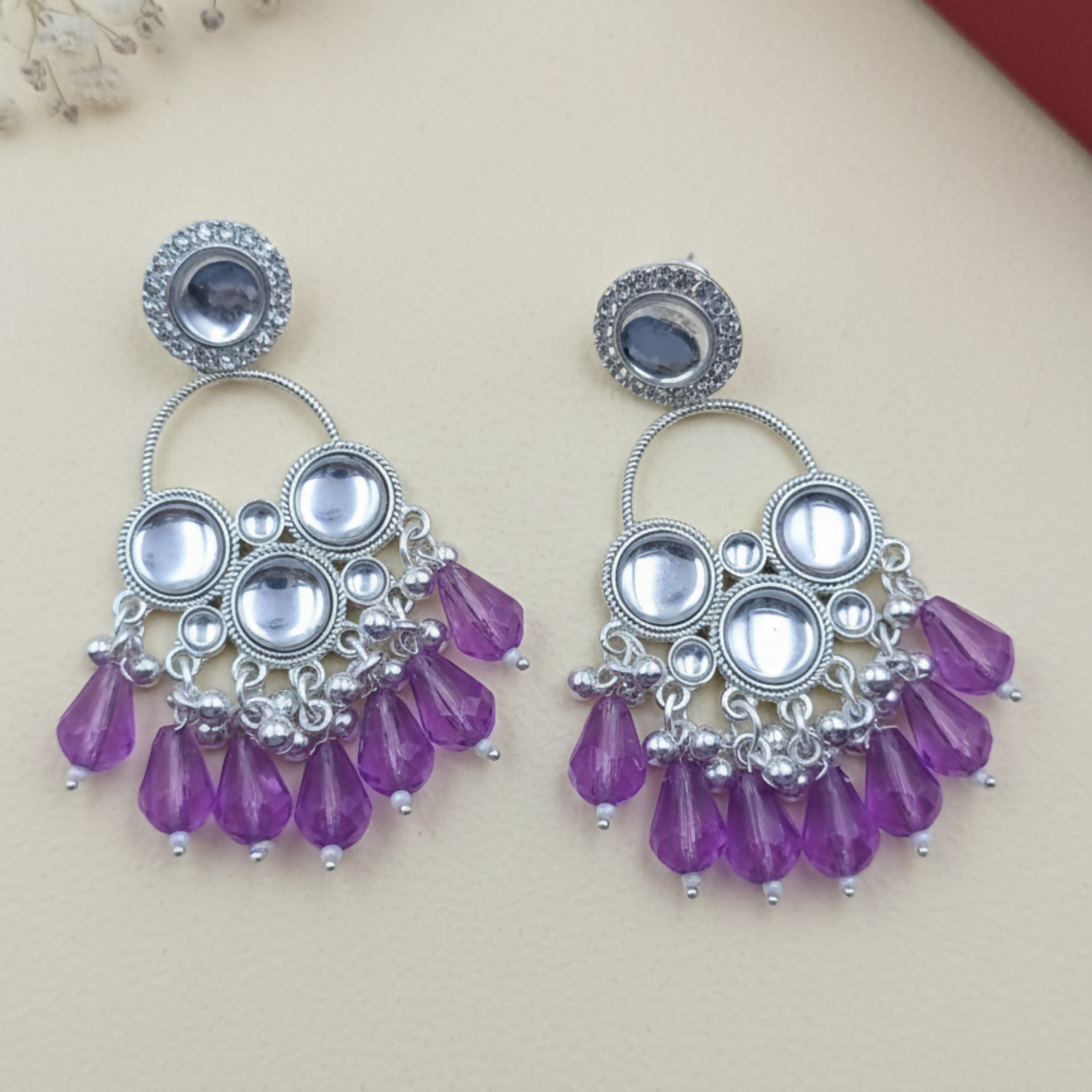 Kundan Purple Pearl Silver Plated Chandbali Earrings Agate Alloy Chandbali Earring