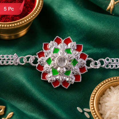 Designer Floral Rakhi Silver Toned Stone Rakhi for Brother (5pcs)