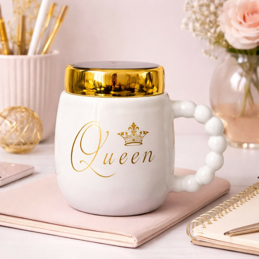 Queen Ceramic Mug with Lid & Beaded Handle Coffee Cup