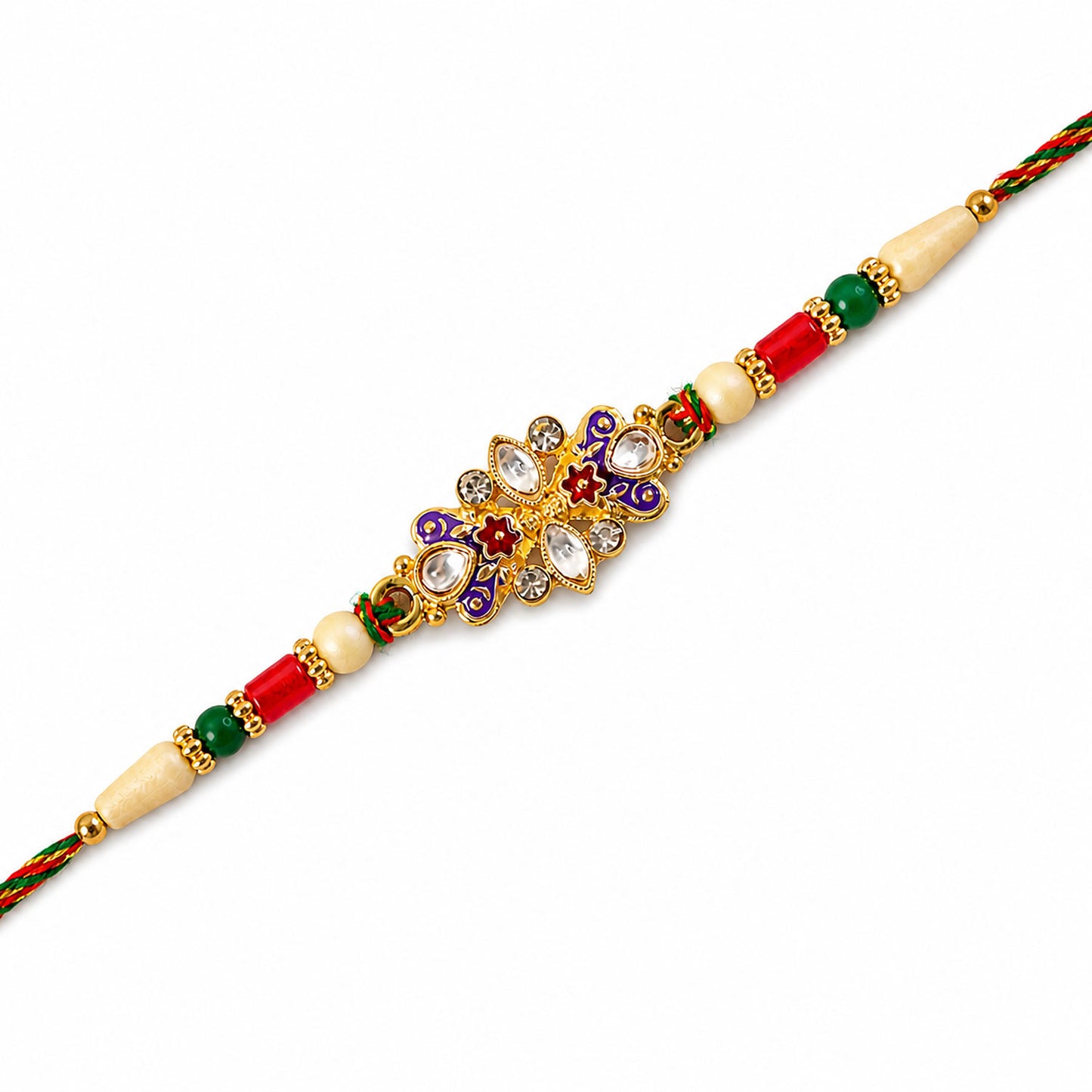 Designer Rakhi with Ornate Floral Medallion, bead line and gift style for Gift Use