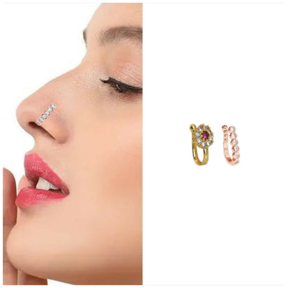 Non-Piercing Nose Cuffs (Set of 3) | CZ Floral & Line Nath Pin Combo Pack of 2