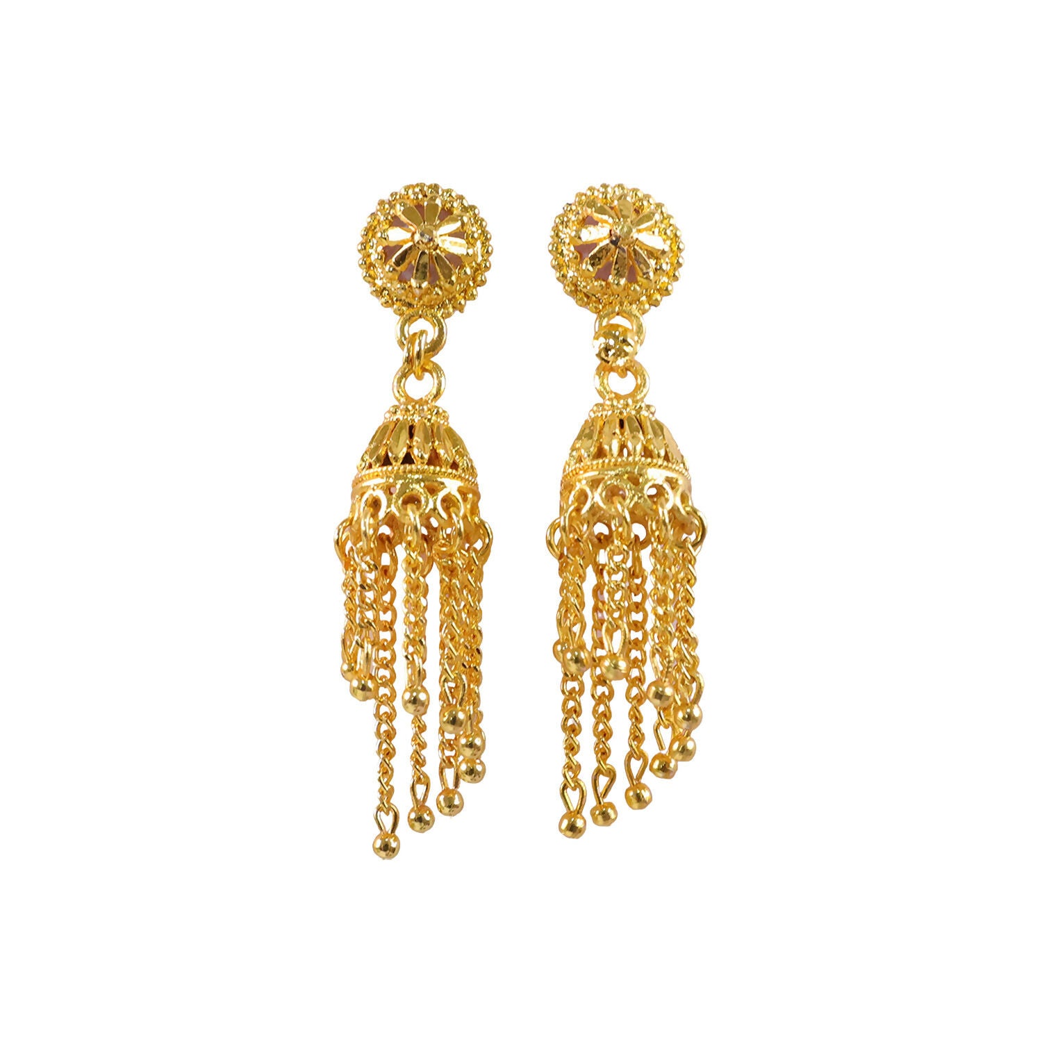 Pair of traditional long chain jhumka earrings in gold plating