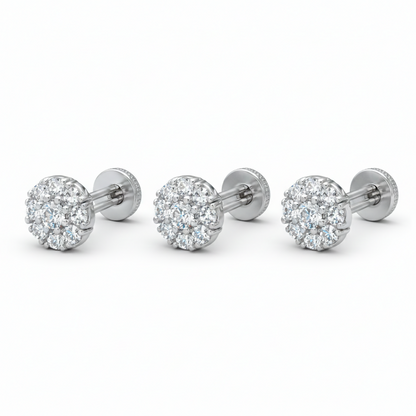 Three pairs of silver plated crystal cluster stud earrings displayed together highlighting the shiny finish
